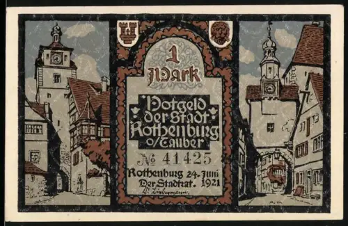 Notgeld Rothenburg o. Tauber 1921, 1 Mark, Ortsansicht und Figuren