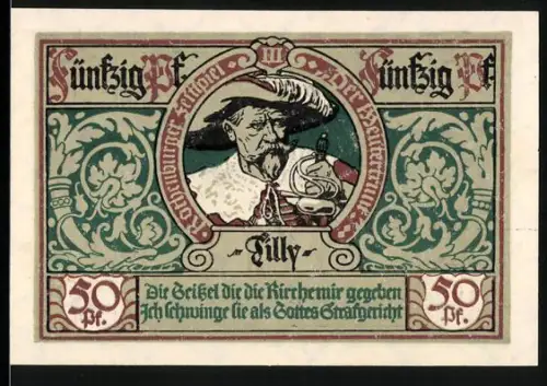 Notgeld Rothenburg ob der Tauber 1921, 50 Pf, Musketier und Trommler mit Stadtwappen