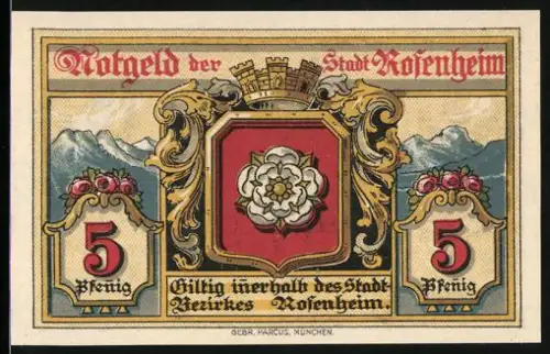 Notgeld Rosenheim 1921, 5 Pfennig, Blume und Arkadenmotiv mit Stadtwappen