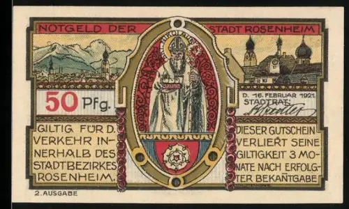 Notgeld Rosenheim 1921, 50 Pfennig, Bischofsmotiv und Arkaden mit Blumenornamenten