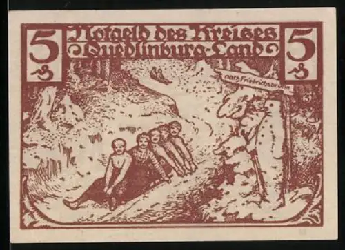 Notgeld Quedlinburg 1923, 5 Mark, Rodelnde Frauen im Waldweg