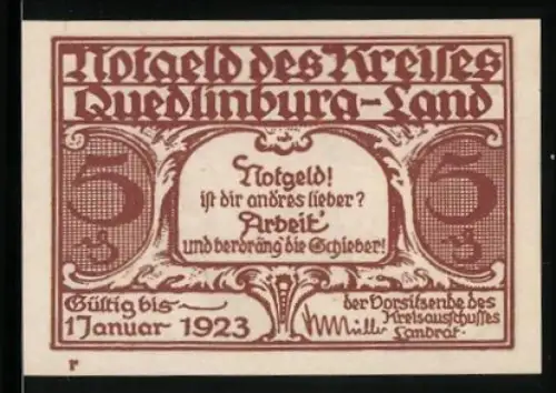 Notgeld Quedlinburg 1923, 5 Pf, Rodeln in verschneiter Landschaft