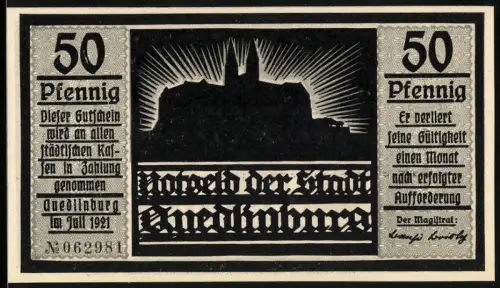 Notgeld Quedlinburg 1921, 50 Pfennig, Burgsilhouette und Scherenschnitt mit Figuren