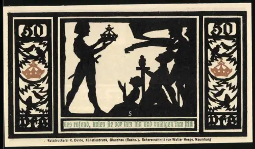 Notgeld Quedlinburg 1921, 50 Pfennig, Silhouette mit Krone und Stadtmotiv