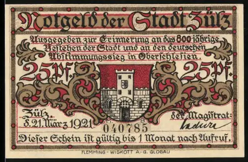 Notgeld Zülz /O.-Schl. 1921, 25 Pfennig, Ortsansicht und Wappen mit Festungstor