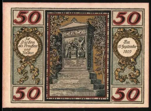 Notgeld Wesel 1921, 50 Pfennig, Denkmal mit Inschrift und Stadtwappen mit Hermelinen