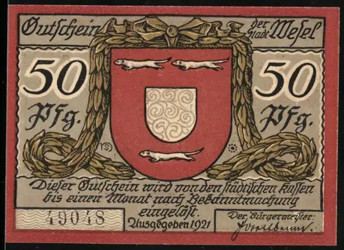 Notgeld Wesel 1921, 50 Pfennig, Wappen mit drei Ottern und Hauptwacheeingang