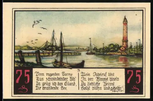 Notgeld Swinemünde, 75 Pfennig, Leuchtturm und Matrose mit Steuerrad, Küstenlandschaft