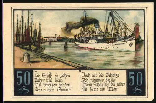 Notgeld Swinemünde, 50 Pfennig, Dampfschiff im Hafen und Steuermann mit Wappen