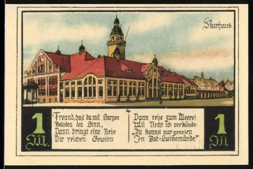 Notgeld Swinemünde, 1 Mark, Kurhaus und Seemann am Steuerrad mit Wappen