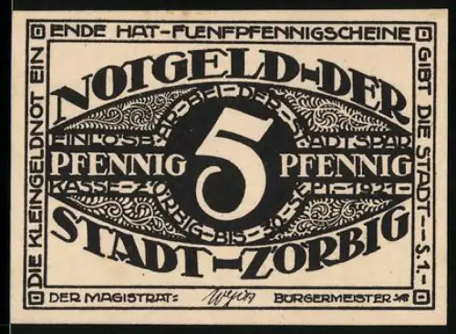 Notgeld Zörbig 1921, 5 Pfennig, dekoratives zentrales Muster mit Zahlenmotif