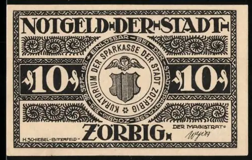 Notgeld Zörbig 1921, 10 Pfennig, Stadtwappen und Figur mit Fackel und Stierkopf