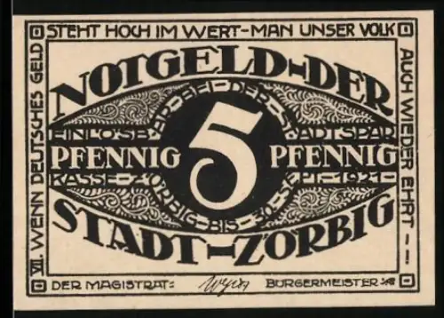 Notgeld Zörbig 1921, 5 Pfennig, dekoratives Muster und Schriftzug