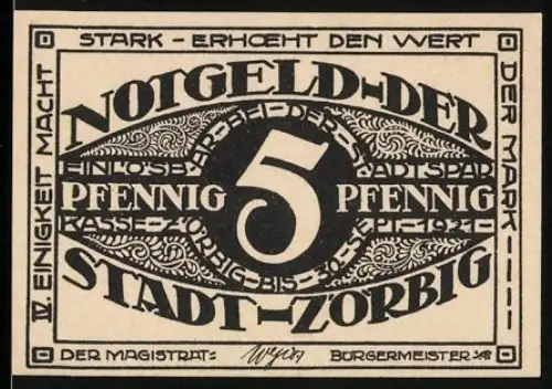 Notgeld Zörbig 1921, 5 Pfennig, dekorative Ornamente und Schriftzüge