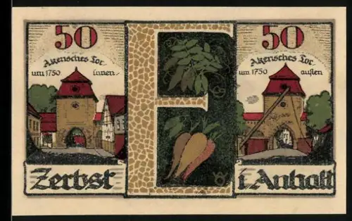 Notgeld Zerbst i. Anhalt 1921, 50 Pfennig, Stadttor und Karottenmotiv mit Wappen, Figuren in Torbögen