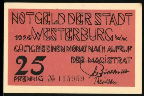 Notgeld Westerburg /Ww. 1920, 25 Pfennig, florales Muster mit Blüten und Pflanzen