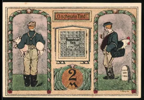 Notgeld Tonndorf /Lohe 1921, 2 Mark, Metzger mit Schwein und Hahn in Korb, humorvoller Spruch