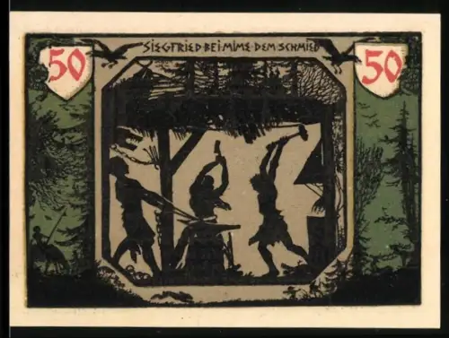 Notgeld Xanten 1921, 50 Pfennig, Siegfried beim Schmied und Domansicht mit Heiligenfiguren