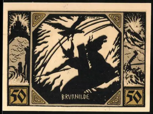 Notgeld Xanten 1921, 50 Pfennig, Brünhilde und Domansicht mit Heiligenfiguren