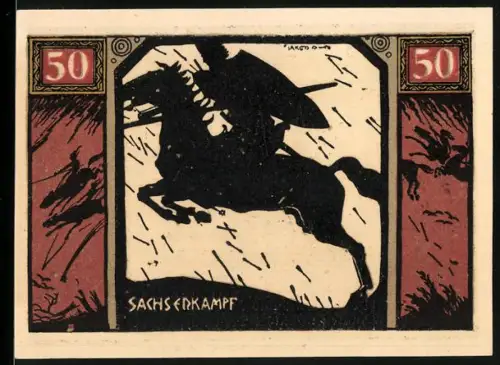 Notgeld Xanten 1921, 50 Pfennig, Sachsenkampf und Domansicht mit Heiligen und Wappen