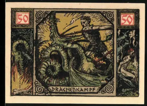 Notgeld Xanten 1921, 50 Pfennig, Drachentöter und Domansicht mit Heiligenfiguren