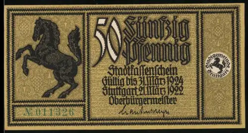 Notgeld Stuttgart 1922, 50 Pfennig, Pferd und Landschaft mit See