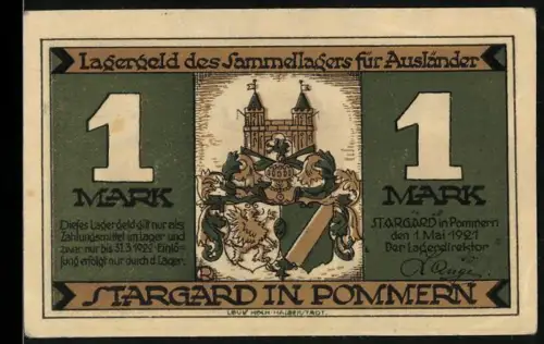 Notgeld Stargard in Pommern 1921, 1 Mark, Wappen und rotes Gebäude