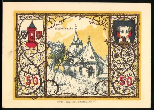 Notgeld Westerburg /W. 1920, 50 Pfennig, Hallenkirche und Wappen mit Türmen und Rankenmuster