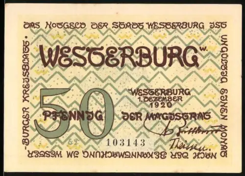Notgeld Westerburg /W. 1920, 50 Pfennig, Irmtrautsches Vasallenhaus und Wappen
