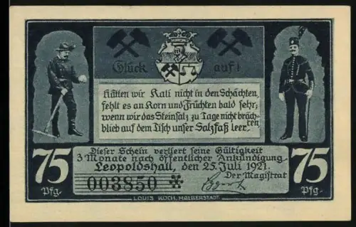 Notgeld Leopoldshall i. Anh. 1921, 75 Pfennig, Bergarbeiter mit Abbauwagen und Kalisalzgewinnung