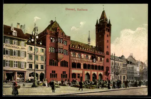 AK Basel, Rathaus mit Kaffeerösterei F. Riggenbach zum Arm