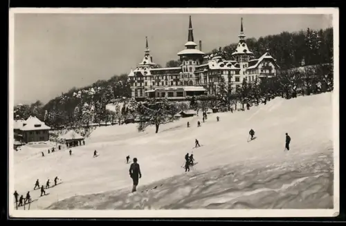 AK Zürich, Grand Hotel Dolder mit Skifahrern im Winter