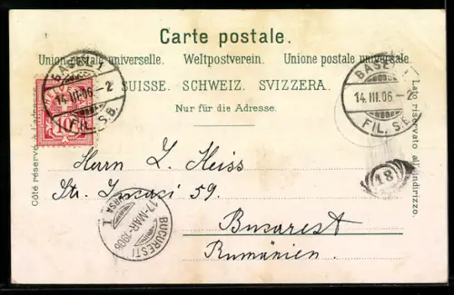 AK Basel, Strassenpartie mit Kirche