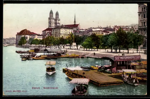 AK Zürich, Sonnenquai mit Bootsverleih und Kirche