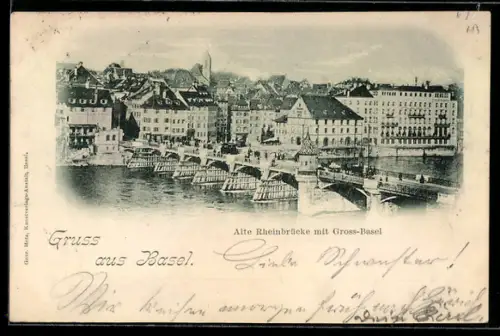 AK Basel, Alte Rheinbrücke mit Gross-Basel