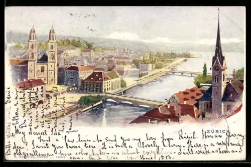 Künstler-AK Zürich, Teilansicht mit Kirche