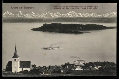 AK Ligerz am Bielersee, Blick auf die St. Petersinsel und die Berner Alpen