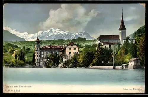 AK Spiez am Thunersee, Uferpartie mit Kirche