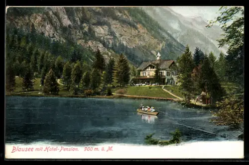 AK Blausee, Blick Hotel-Pension vom See aus gesehen