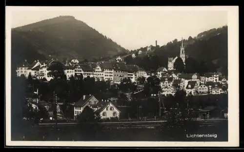 AK Lichtensteig, Ortspanorama mit Bahnschienen aus der Vogelschau