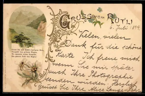 Lithographie Rütli, Seepartie mit Bergen, Edelweiss