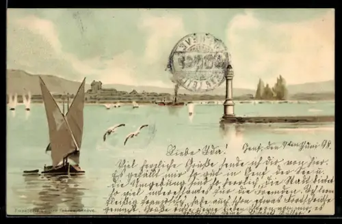 AK Geneve, Seepartie mit Leuchtturm u. Uferpanorama, Segelboot