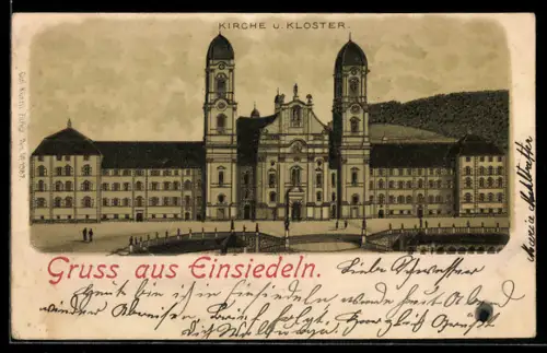 Lithographie Einsiedeln, Kirche und Kloster