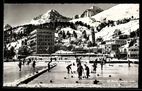 AK St. Moritz, Curling-rinks vor Ortspanorama im Winter