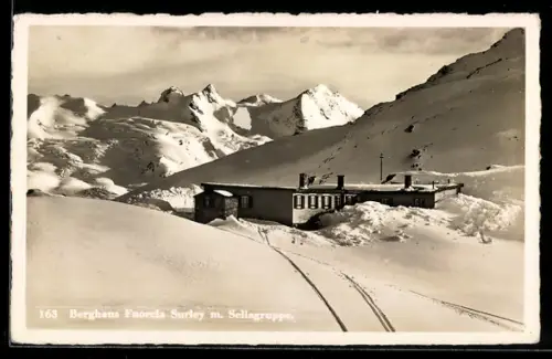 AK Fuorcla Surley, Berghaus Fuorcla Surley, Winteransicht mit Sellagruppe
