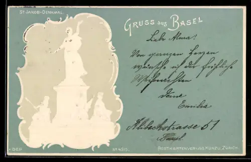 Präge-AK Basel, St. Jakob-Denkmal, Ornament-Rahmen