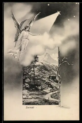 AK Zermatt, Ortspartie, Engel mit Palmzweig, Passepartout