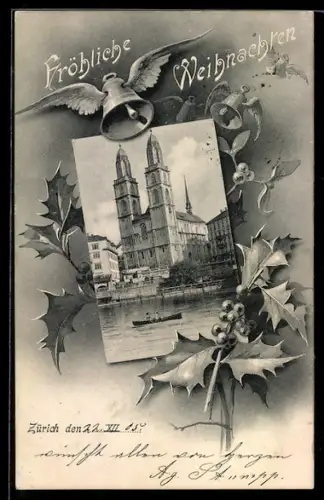 AK Zürich, Blick über den Limmat auf eine Kirche, Ruderboot, Fröhliche Weihnachten