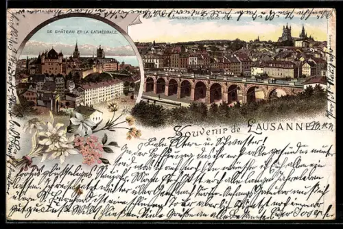 Lithographie Lausanne, Ortsansicht mit der Grossen Brücke, Le Chateau und Kathedrale und Blumengebinde