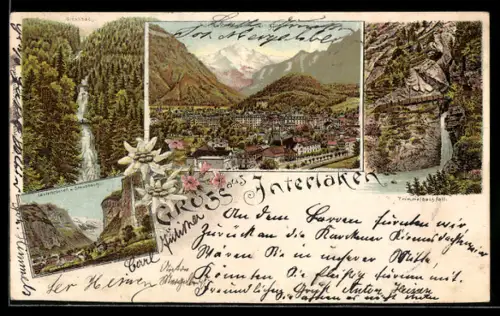 Lithographie Interlaken, Teilansicht, Grissbachfall, Lauterbrunnen und Staubbach